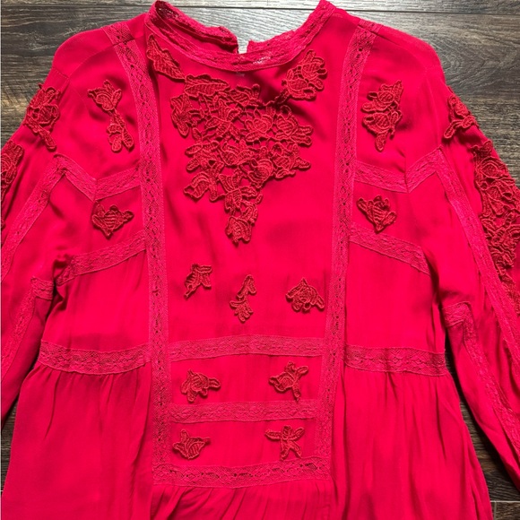 Free People Red Embroidered Boho Tiered Mini Dress | Large - Picture 7 of 11